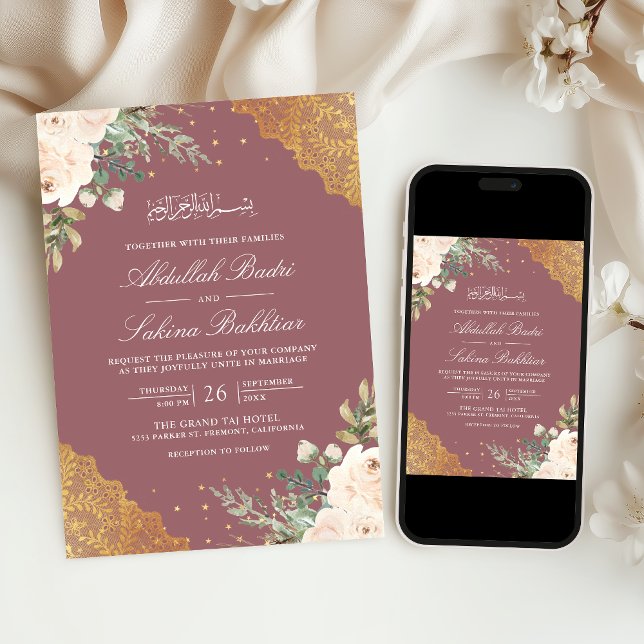 Cream Rose Gold Lace QR Code Pink Muslim Wedding Invitation (Creator Uploaded)