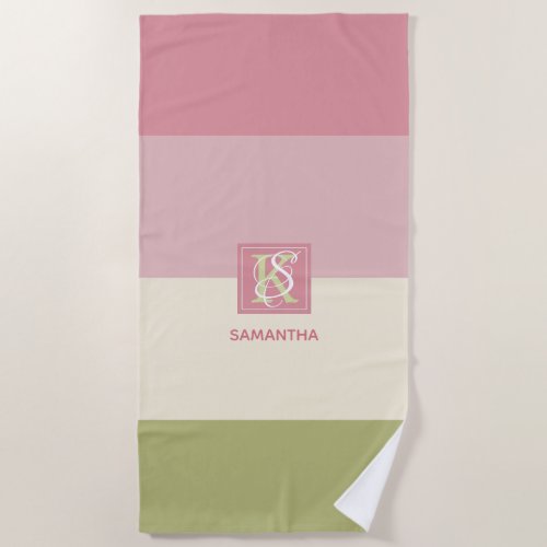 Cream Rose Green Color Palette Stripes Monogram Beach Towel