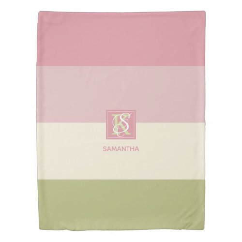 Cream Rose Green Color Palette Stripes Monogram Duvet Cover