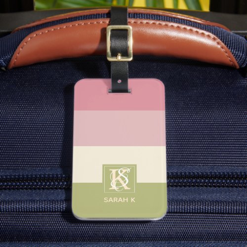 Cream Rose Green Color Palette Stripes Monogram Luggage Tag