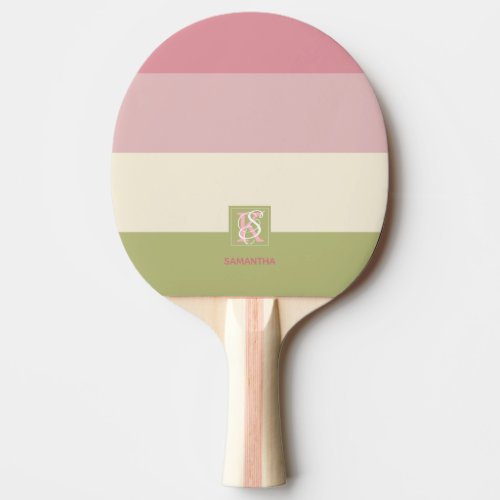 Cream Rose Green Color Palette Stripes Monogram Ping_Pong Paddle