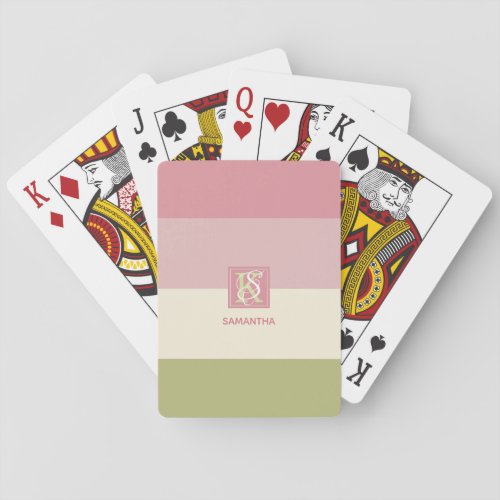 Cream Rose Green Color Palette Stripes Monogram Poker Cards