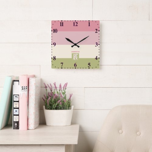 Cream Rose Green Color Palette Stripes Monogram Square Wall Clock
