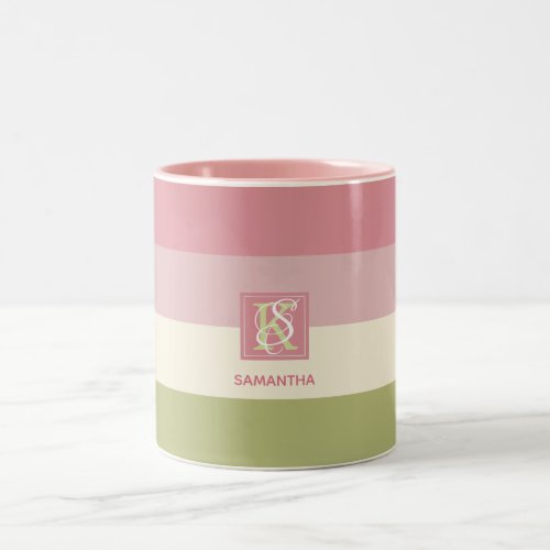 Cream Rose Green Color Palette Stripes Monogram Two_Tone Coffee Mug