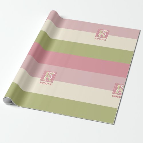 Cream Rose Green Color Palette Stripes Monogram Wrapping Paper