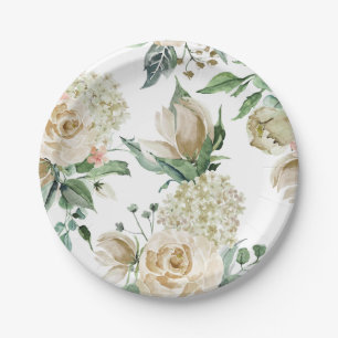 Cream Rose Hydrangea Beige Watercolor Paper Plates