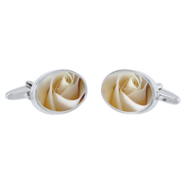 Cream Rose Wedding Photo Silver Cufflinks (Angled)