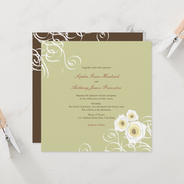 Cream Roses And Swirls Elegant Romantic Wedding Invitation (Front/Back In Situ)