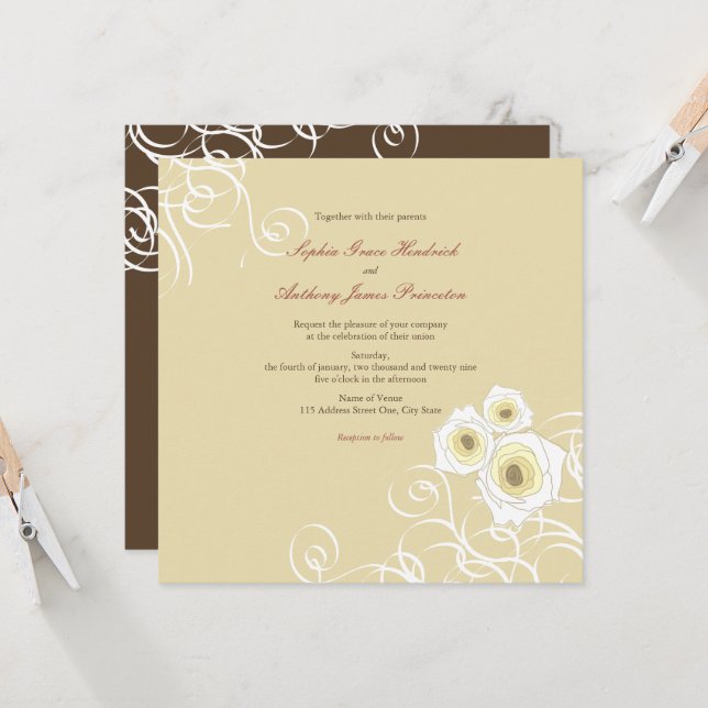 Cream Roses And Swirls Elegant Romantic Wedding Invitation (Front/Back In Situ)