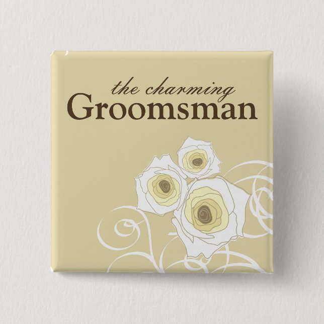 Cream Roses and Swirls Groomsman Wedding Button (Front)