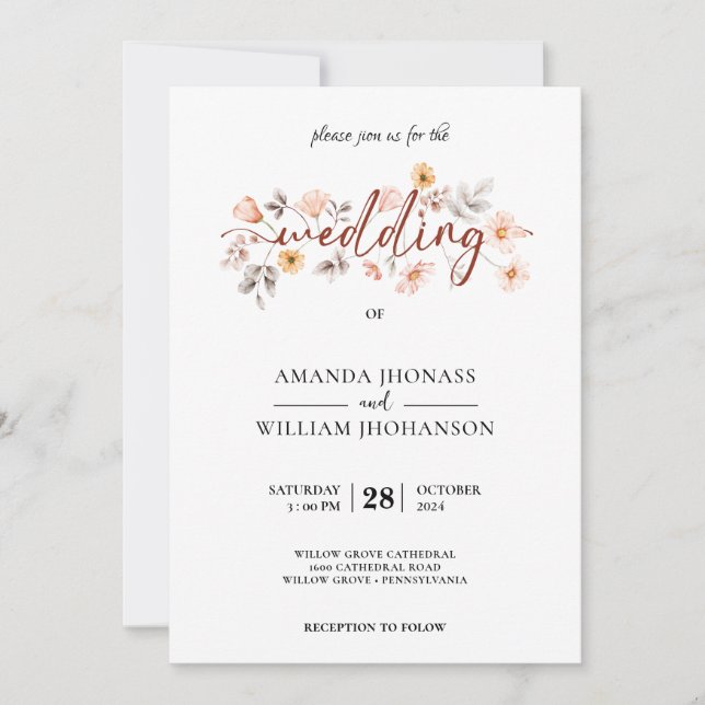 Cream Roses Botanical Pampas Grass Boho Wedding Invitation (Front)