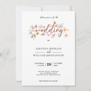 Cream Roses Botanical Pampas Grass Boho Wedding Invitation