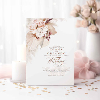 Cream Roses Botanical Pampas Grass Boho Wedding Invitation
