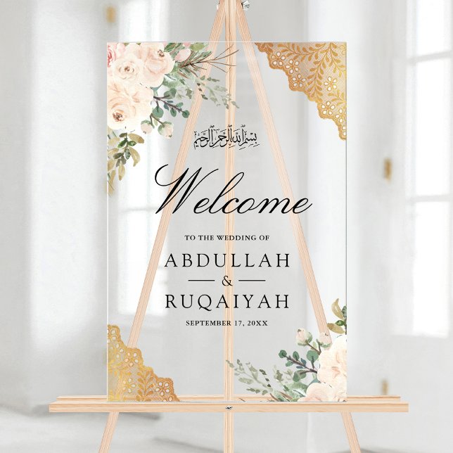 Cream Roses Gold Lace Muslim Wedding Welcome Acrylic Sign (Creator Uploaded)
