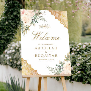 Cream Roses Gold Lace Muslim Wedding Welcome Sign