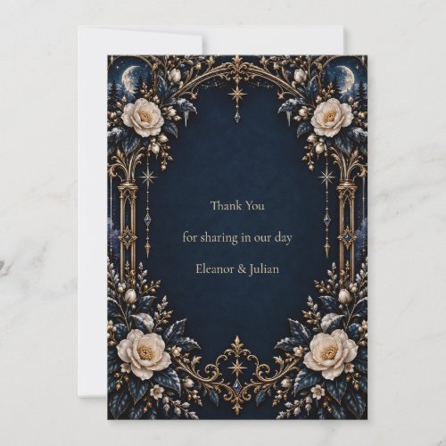 Cream Roses Navy Celestial Wedding Thank You Card