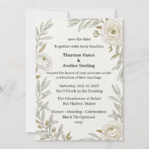 Cream Roses, Olive Branches, Watercolor Foliage, B Invitation