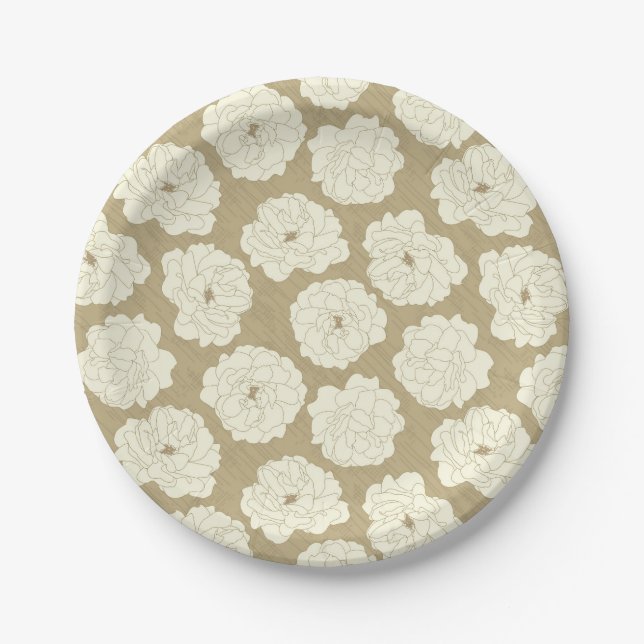 Cream Roses on Golden Beige - seamless pattern.  Paper Plates (Front)