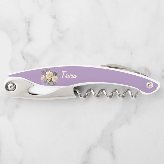 Cream Roses on Lavender Would You Be My Bridesmaid Waiter's Corkscrew (Front)