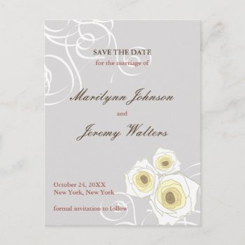Cream Roses Swirls Romantic Wedding Save The Date Announcement Postcard by fatfatin_blue_knot at Zazzle