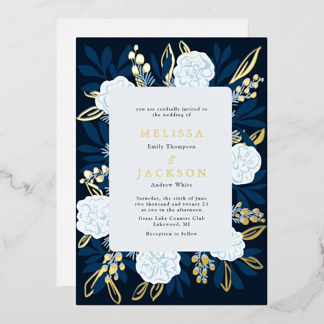 Cream Roses Wedding Blue Foil Invitation (Front/Back)
