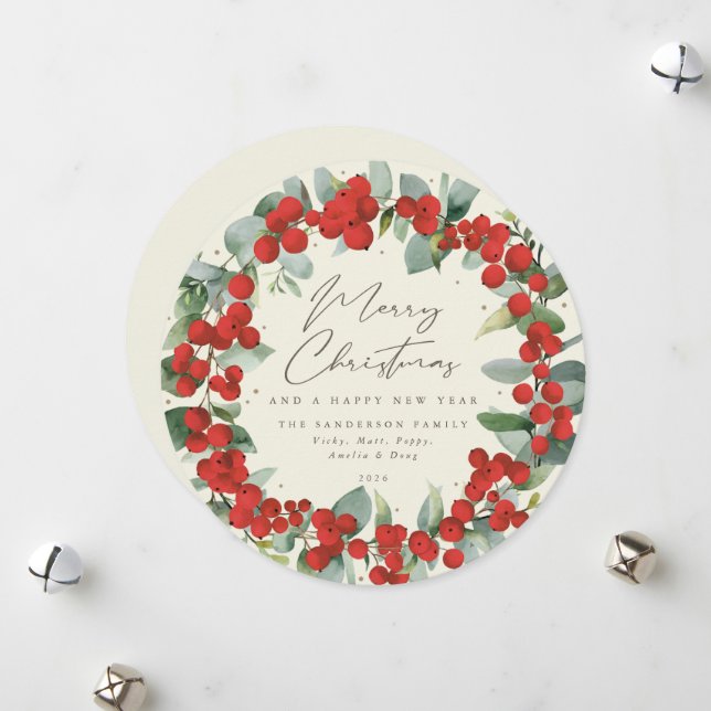 Cream Round Red Berry+Eucalyptus Holiday Wreath (Front/Back In Situ)