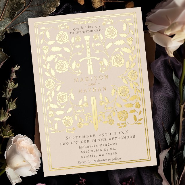 Cream Royal Medieval Sword Wedding Foil Invitation (Creator Uploaded)