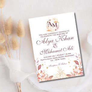 Cream Rustic botanical Flower initial Wedding Invitation