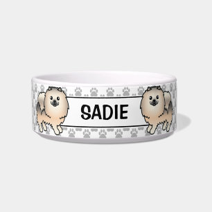 Cream Sable Pomeranian Cute Cartoon Dog & Name Bowl