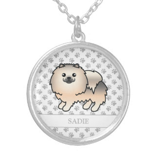 Cream Sable Pomeranian Cute Cartoon Dog &amp; Name Silver Plated Necklace