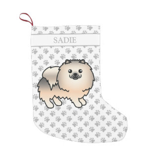 Cream Sable Pomeranian Cute Cartoon Dog &amp; Name Small Christmas Stocking
