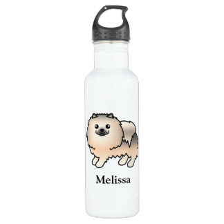 Cream Sable Pomeranian Cute Cartoon Dog &amp; Name Stainless Steel Water Bottle