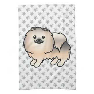 Cream Sable Pomeranian Cute Cartoon Dog &amp; Paws Kitchen Towel