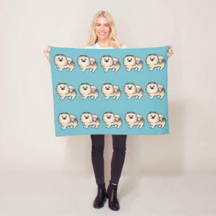 Cream Sable Pomeranian Dogs Pattern On Blue Fleece Blanket