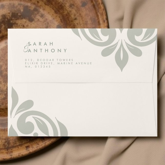 Cream Sage Classic Elegant Damask Rustic Wedding Envelope (Creator Uploaded)