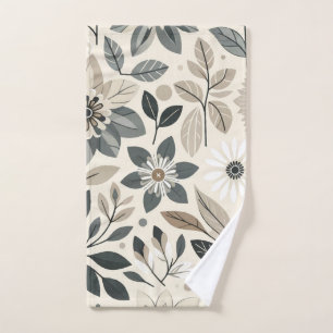 Cream & Sage Green Bold Modern Floral Pattern Bath Towel Set