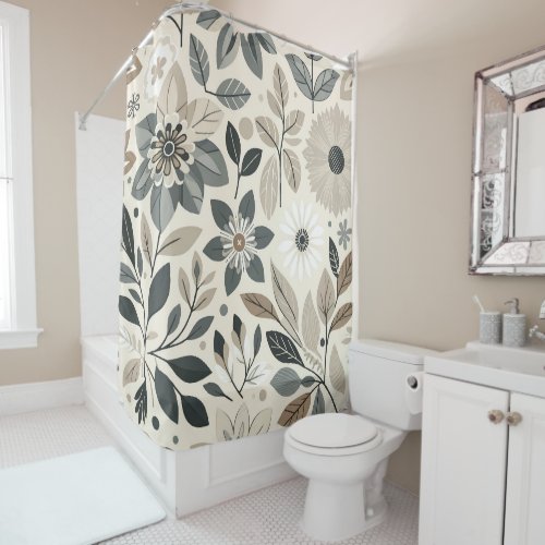 Cream  Sage Green Bold Modern Floral Pattern Shower Curtain