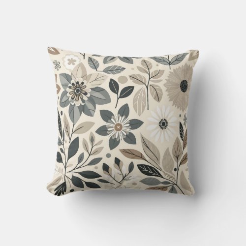 Cream  Sage Green Bold Modern Floral Pattern Throw Pillow