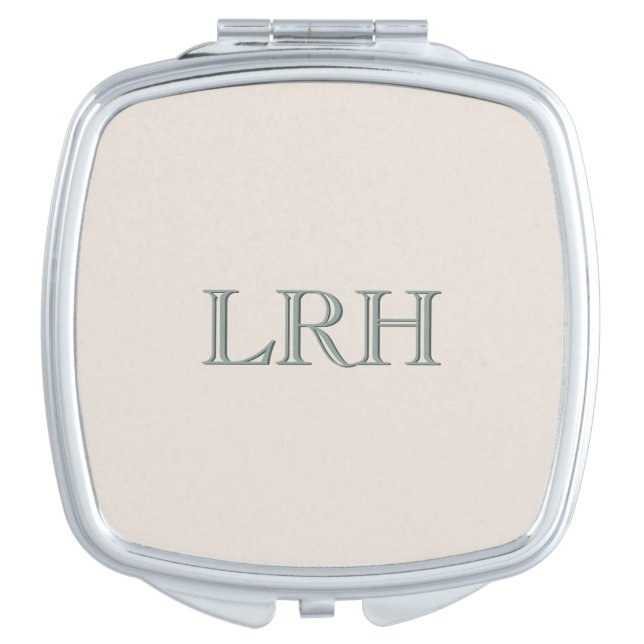 Cream & Sage Minimalist Monogram Engraved Style Compact Mirror (Front)