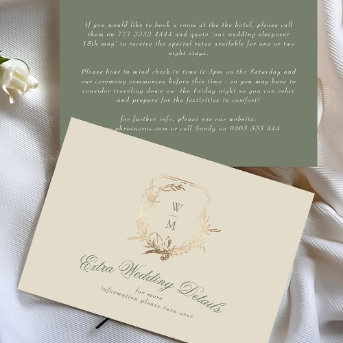 Cream  Sage Monogram Gold  Our Wedding Detals Enclosure Card