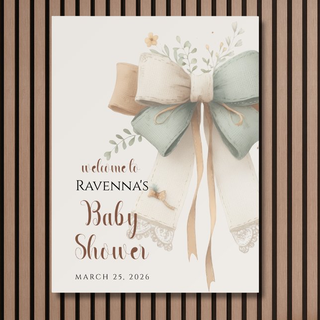 Cream Sage Patch Bow Clean Baby Shower Welcome Foam Board (Creator Uploaded)