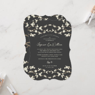 Cream Sakura Cherry Blossoms Grey Asian Wedding Invitation