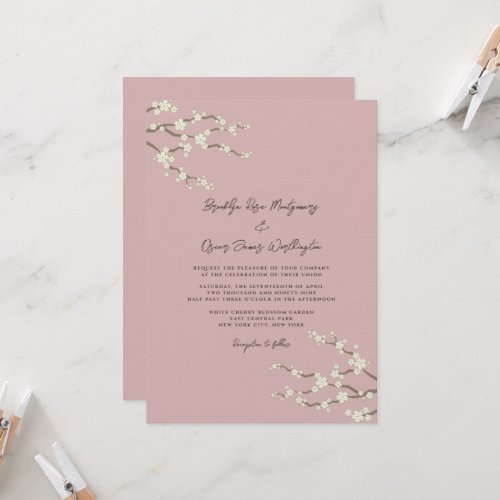 Cream Sakura Cherry Blossoms Pink Asian Wedding Invitation