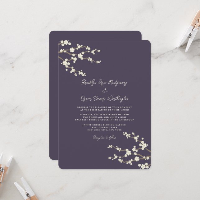 Cream Sakura Cherry Blossoms Purple Asian Wedding Invitation (Front/Back In Situ)