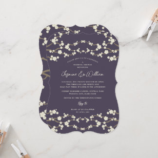 Cream Sakura Cherry Blossoms Purple Asian Wedding Invitation