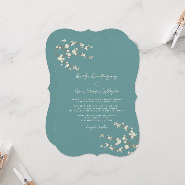 Cream Sakura Cherry Blossoms Teal Asian Wedding Invitation (Front/Back In Situ)