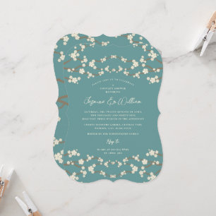 Cream Sakura Cherry Blossoms Teal Asian Wedding Invitation