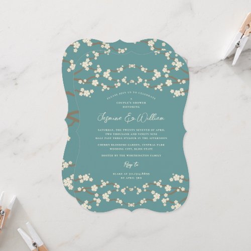 Cream Sakura Cherry Blossoms Teal Asian Wedding Invitation