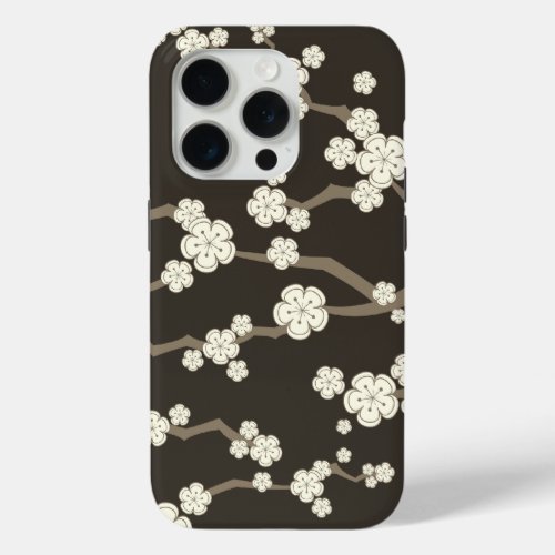 Cream Sakura Oriental Cherry Blossoms On Brown iPhone 15 Pro Case