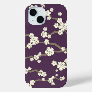 Cream Sakura Oriental Cherry Blossoms On Purple iPhone 15 Case